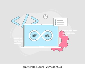 DevOps web concept. Collaboration in software creation and communication. Modern devops development and management processes. DevOps vector isolated illustration on white background with icons