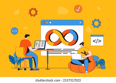 DevOps web concept in flat 2d design. Man and woman developers work together in team, administer development and collaboration processes on programming products. Vector illustration with people scene