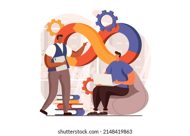 DevOps web concept in flat design. Programmers discuss work tasks, create programs, administration processes and collaboration. Development operations practice. Vector illustration with people scene