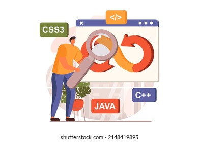 DevOps web concept in flat design. Man engineering and programming, doing research, create programs, administrates processes. Development operations practice. Vector illustration with people scene