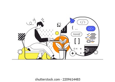 DevOps web concept in flat outline design with characters. Man is programming and coding applications or software code. Development operation practice in IT company, people scene. Vector illustration.