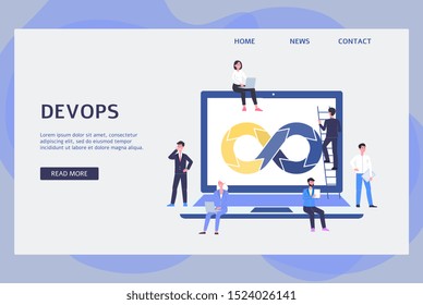 Devops website banner - software development operations team of business people surrounding giant laptop with infinity symbol. Flat cartoon, vector illustration.