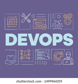 DevOps word concepts banner. Binary system. Presentation, website. Isolated lettering typography idea with linear icons. Software development and operations collaboration. Vector outline illustration