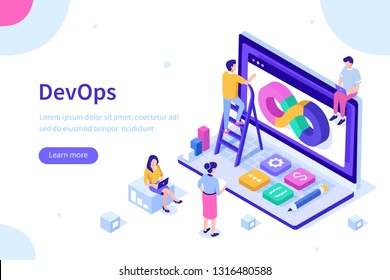 Devops at work concept. Can use for web banner, infographics, hero images. Flat isometric vector illustration isolated on white background.