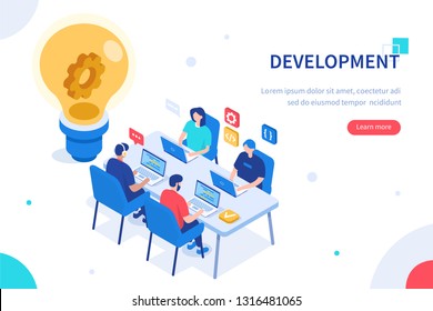 Devops at work concept. Can use for web banner, infographics, hero images. Flat isometric vector illustration isolated on white background.