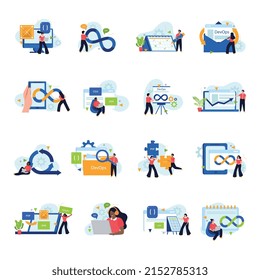 Devops workflow flat icons set of working programmers and engineers characters programming languages signs and infinity symbols isolated vector illustration