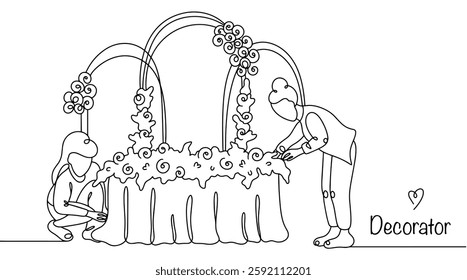 Devorators are working on creating a festive table and an arch with flowers. The girls are engaged in interior design, creating stylish and harmonious spaces. Line drawing work of wedding decorators.