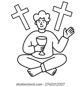 Devoted person holding holy chalice sitting peacefully behind three symbolic crosses
