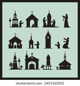 Devotion Forms Clipart on a white black Silhouette, Set of four silhouetted nativity scenes for Christmas showing Joseph and Mary, Wise men and angels at the crib of the Christ child 4