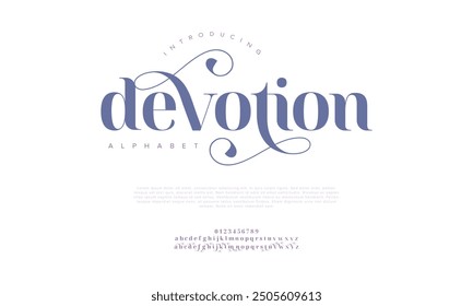 Devotion swash luxury elegant alphabet letters and numbers. Vintage wedding typography classic serif font decorative vintage retro. creative vector illustration