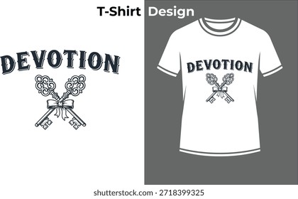 Devoção vintage chaves tipografia t-shirt vetor ilustração, design de texto antigo para o amor secreto, desbloquear o coração, e romance retro.
