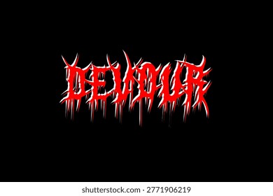 Devour text typography vector in a striking and intense death metal font style for t-shirt print apparel, sticker, poster, logo and lyrics 