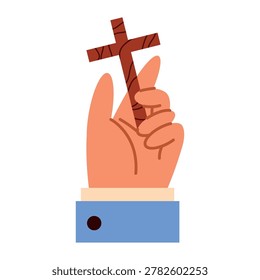 Devout hands holding the holy communion host with cross
