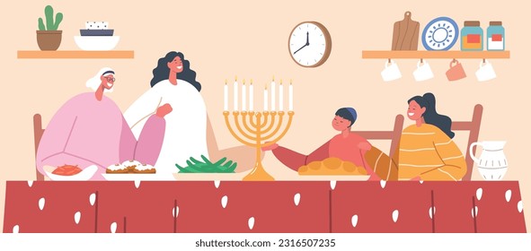 Devout Jewish Family Characters Gathers Together, Expressing Gratitude And Seeking Blessings Over A Shared Meal