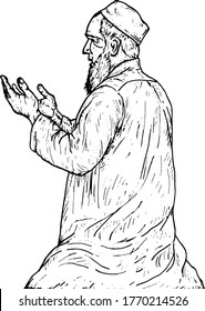 A devout Muslim man kneeling while performing an Islamic prayer. Hand drawn vector illustration.