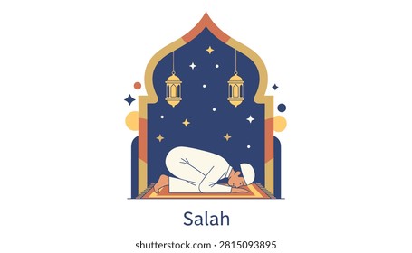 Devout Muslim man performing the traditional Salah prayer in sujud position inside an elegant and decorated Islamic arch.