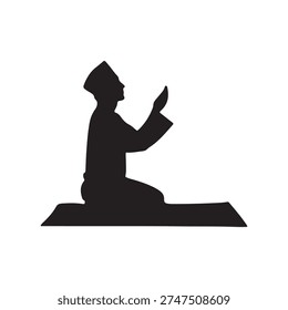 Devout Muslim man in prayer performing dua on prayer mat silhouette
