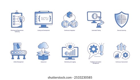 DevSecOps Process Icon Set: Comprehensive Icons for Development, Security, and
Operations Workflows.