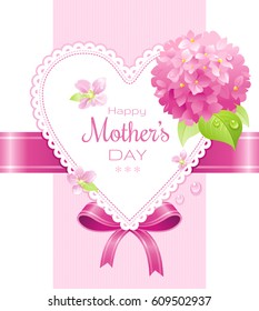 Dew drop Hydrangea, fruit tree blossom flowers poster. My Mom is the best greeting card for Mothers day holiday. Elegant design, pink background. Modern spring flowers vector illustration