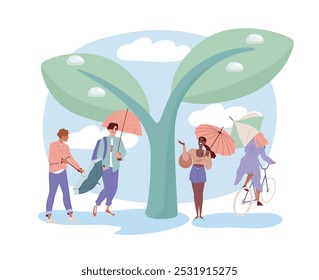 Dew on plant. Men and women with umbrellas near plant and tree sprout. Drop of water at plant. Ecology and nature, ecosystem. Flat vector illustration isolated on white background