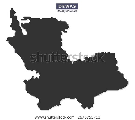 Dewas city map silhouette vector for educational posters, geographic infographics, and travel guides, solid black outline isolated on white background, editable layout