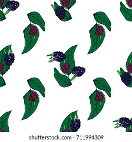 Dewberry and leaves hand drawn pattern on white