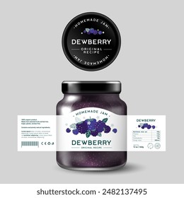 In: Dewberry Blackberry Jam. Süßes Essen. Gestaltung des Etiketts mit flacher Darstellung und Texten. Mockup von Glas mit Etikett.