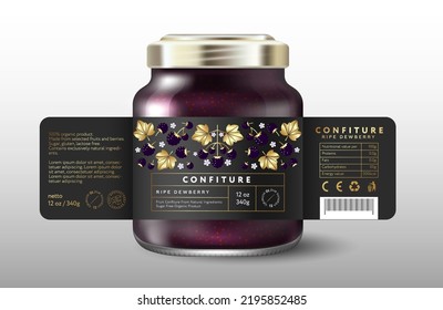 Dewbery confiture. Sweet food. Black label with black berries, gold leaves and small flowers. Mockup of Glass Jar with Label.