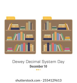 Dewey Decimal System Day, December 10, vector illustration. Library book shelfs with serial numbering.