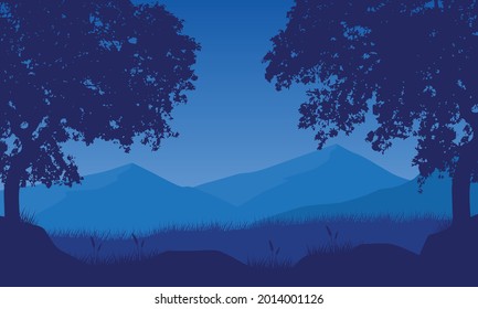 A dewy morning in the countryside with a beautiful view of the mountains. Vector illustration of a city