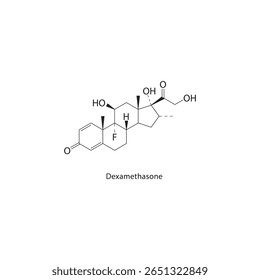 Estrutura esquelética da dexametasona. Ilustração esquemática do composto corticosteroide. Diagrama simples, fórmula química.