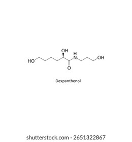 Estrutura esquelética de dexpantenol. Ilustração esquemática do composto derivado de vitamina B5. Diagrama simples, fórmula química.