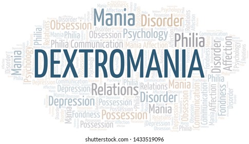 Dextromania word cloud. Type of mania, made with text only.
