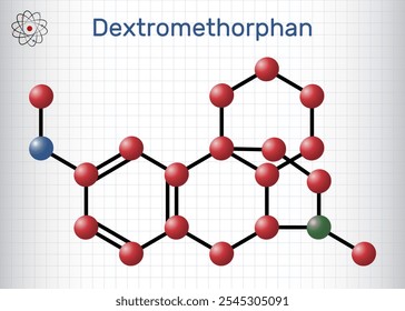 Dextromethorphan (DXM) molecule. Antitussive drug. Molecule model. Sheet of paper in a cage. Vector illustration