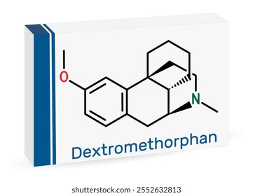 Dextromethorphan (DXM) molecule. Antitussive drug. Skeletal chemical formula. Paper packaging for drugs. Vector illustration