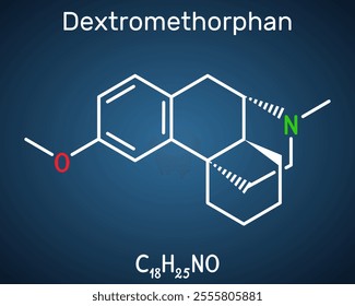 Dextromethorphan (DXM) molecule. Antitussive drug. Structural chemical formula, dark blue background. Vector illustration