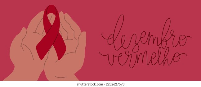 Dezembro Vermelho translation from portuguese December Red, Brazil campaign for HIV AIDS awareness. Brown h uman hands holding awareness ribbon vector illustration