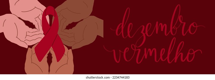 Dezembro Vermelho translation from portuguese December Red, Brazil campaign for HIV AIDS awareness. Multiracial human hands holding awareness ribbon vector art