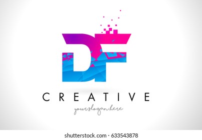 DF D F Letter Logo with Broken Shattered Blue Pink Triangles Texture Design Vector Illustration.
