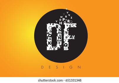 DF D F Logo Design Made of Small Letters with Black Circle and Yellow Background.