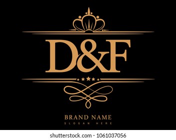 D&F Initial logo, Ampersand initial logo gold with crown and classic pattern