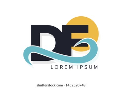 DF letter logo with ocean waves and sunset. Beach concept design