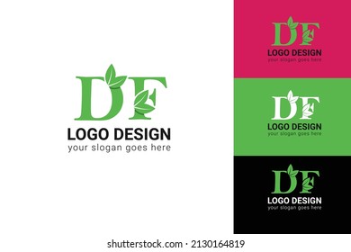 DF letters eco logo with leaf. Vector typeface for nature posters, eco friendly emblem, vegan identity, herbal and botanical cards etc. Ecology DF letters logo with green leaf.