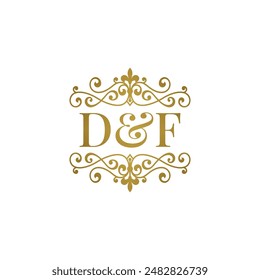 DF logo with gold ornament. Initials D ampersand F for business partner or wedding symbol	