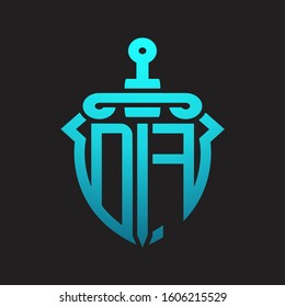 DF Logo monogram with sword and shield combination isolated blue colors gradient