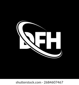 Logotipo da DFH. Carta da DFH. Design do logotipo da letra DFH. Logótipo inicial DFH ligado ao círculo e monograma maiúsculo. DFH-tipografia para marca de tecnologia, negócios e imóveis.