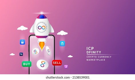 Dfinity (ICP) coin with spaceship flying leave smartphone to the sky. App for trading crypto currency in stock market. Mobile banking cryptocurrency wallet. 3d Vector illustration.