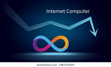 Dfinity Internet Computer ICP in downtrend and price falls down. Crypto coin symbol and down arrow. Uniswap crushed and fell down. Cryptocurrency trading crisis and crash. Vector illustration.