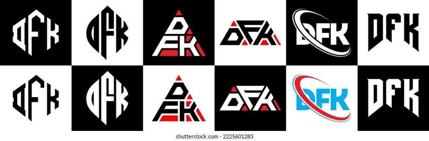 DFK Brief Logo Design in sechs Stil. DFK Polygon, Kreis, Dreieck, Hexagon, flacher und einfacher Stil mit schwarz-weißem Farbänderungslogo in einer Zeichenfläche. DFK minimalistisches und klassisches Logo