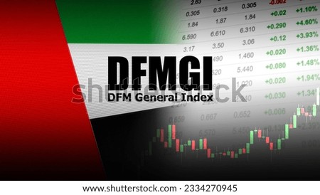 DFMGI, DFM General Index. Stock market benchmark for the overall performance of blue-chip UAE companies. Dubai Financial Market. Price quotation, Candlestick pattern, and Flag of the UAE.